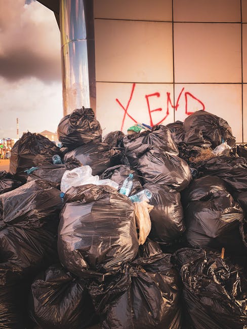 Outside a retail clothing store with large glass windows displaying mannequins dressed in colorful dresses and casual shirts, there are multiple dark green refuse bags stacked along the sidewalk in front of the storefront. The bags are made of plastic and appear tightly filled, some with visible seals at the top, indicating they are ready for collection. The scene is set on a paved pedestrian pathway, with the store's exterior walls constructed from smooth, light gray stone or concrete. Reflections of nearby buildings and trees are faintly visible on the glass windows, capturing a bright, daytime atmosphere. The presence of multiple rubbish bags suggests potential private waste disposal or alternative rubbish collection outside of standard municipal services, and the overall scene indicates an effort to keep the area tidy, possibly handled by a professional rubbish clearance company such as Rubbish Clearance Edgware servicing local commercial properties.